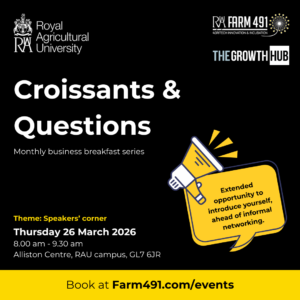 Event graphic for 'Croissants and Questions' business breakfast, March 2026